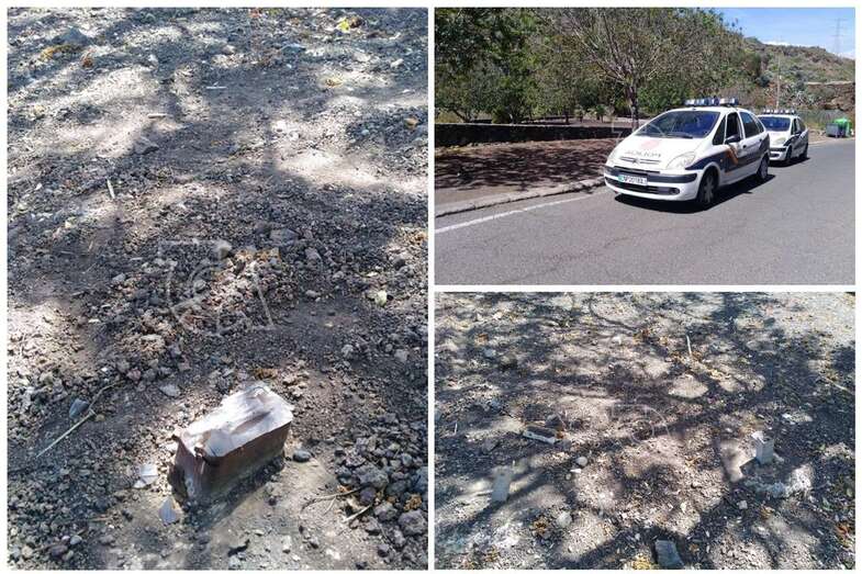 Lugar donde estaba la mesa robada y dos vehículos policiales en la zona (Foto TA)